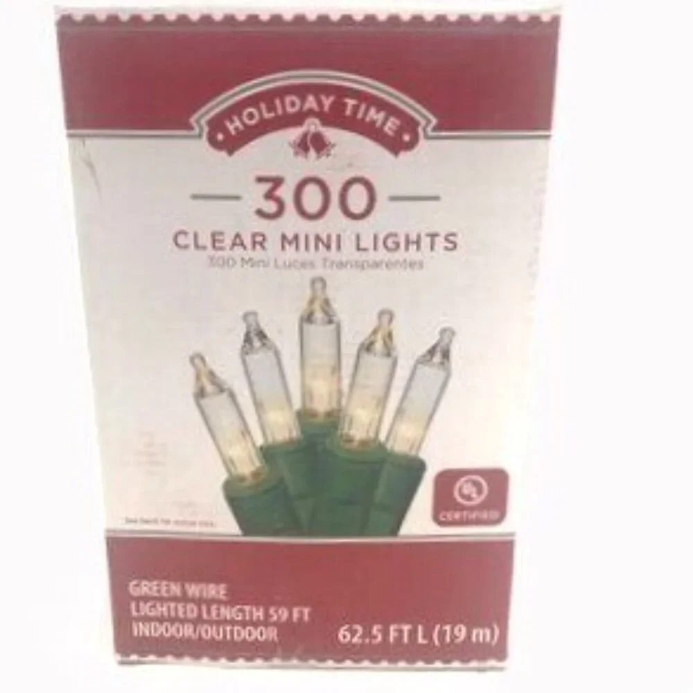 Holiday Time Clear 300 Mini Clear Lights Green Wire and 62.5 ft New in Box